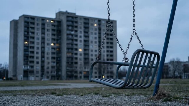 The swing moves gently in an empty playground located next to a large residential building during twilight hours. This setting offers a typical urban scene suitable for various commercial projects