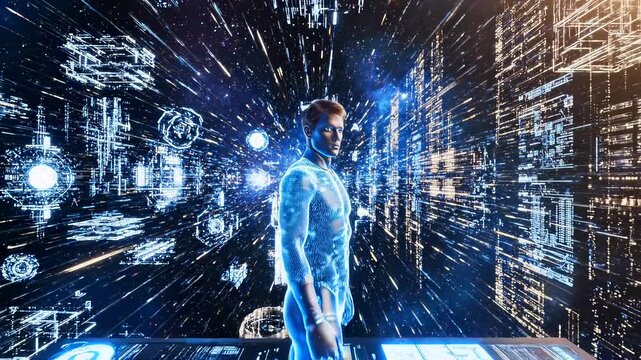 Man avatar emerges from hyperspace data tunnel into holographic control hub, surrounded by streaking light trails and floating interface icons highspeed transit, immersive HUD elements