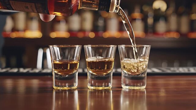 Alcohol Pouring into Shot Glasses - Brown liquor is poured from a bottle into three shot glasses in a bar setting.