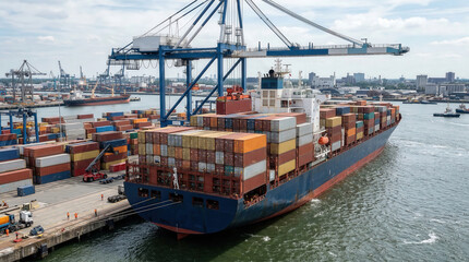 Fototapeta premium Ultra-high-quality photorealistic image of a cargo port during ship loading operations, no people present.
