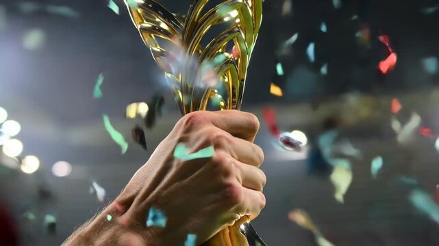 A hand grips a golden trophy amidst a backdrop of bright stadium lights. Colorful confetti falls in celebration, showcasing a moment of achievement in a sporting event
