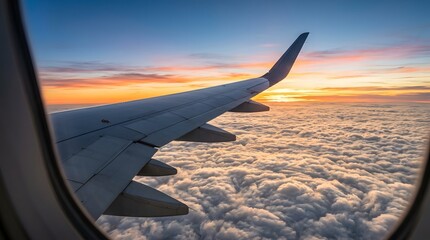 Obraz premium A serene scene of an airplane wing soaring above fluffy white clouds during a breathtaking sunset