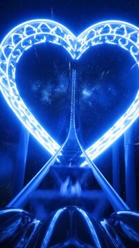 Radiant Blue Neon Heart Roller Coaster Track Traversing Exponential Glowing Hills in a Seamless VJ Loop Motion Background Animation for Vertical Screen Visuals and Digital Art