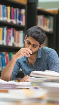 Indian student studying in library, exam preparation. education pressure, concentration, exams, and academic challenges.	