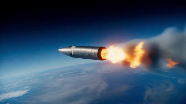 A metallic hypersonic missile traveling through the upper atmosphere with a bright fiery exhaust