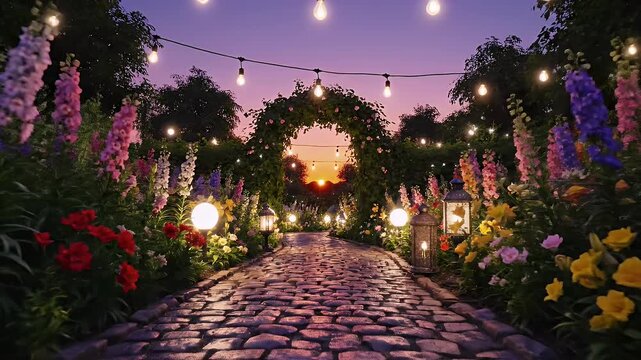 Illuminated Garden Path with Flowers - A beautiful garden path lined with colorful flowers is illuminated by soft lights. The path leads to a floral archway with the sunset visible in the background.