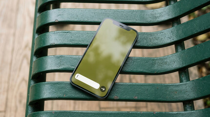 Smartphone mock up on green metal bench with wooden floor background, featuring blank screen for design and text overlay opportunities in outdoor setting