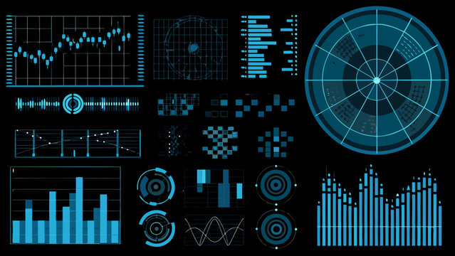 Abstract data visualization with various charts and digital radar elements