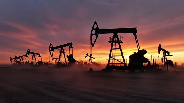 Oil pump jacks silhouette at sunset energy industry