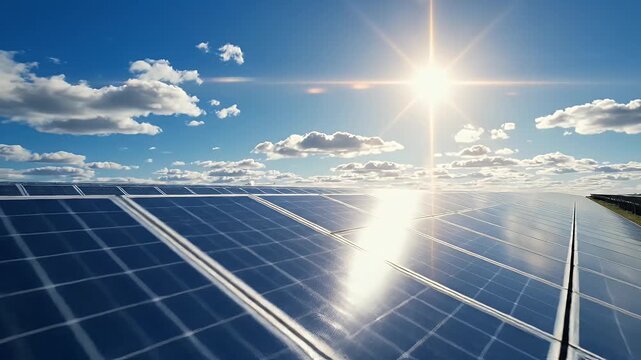 Solar Panel Array Under Blue Cloudy Sky - A large array of blue solar panels stretches into the distance under a vibrant blue sky with scattered white clouds.