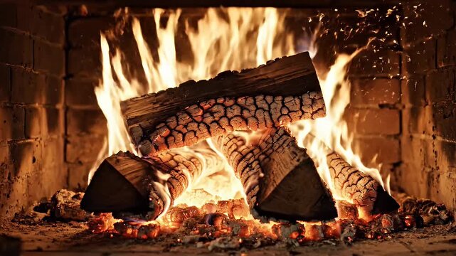 Cozy Fireplace with Burning Logs - A close-up shot features burning logs stacked inside a brick fireplace, emitting warmth and a vibrant glow.
