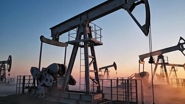 Oil pump jack industrial energy production at sunset