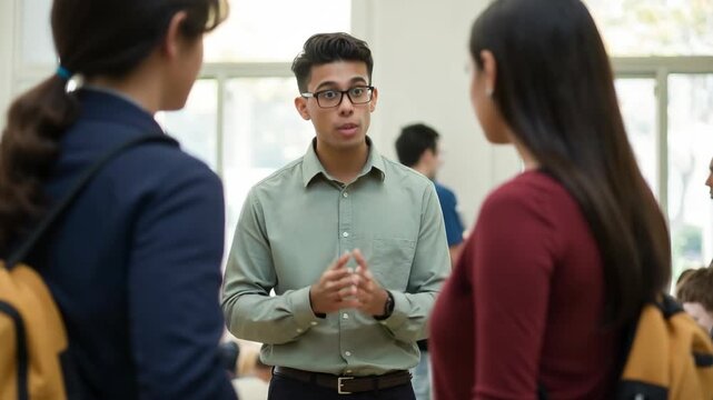 Hispanic student guy in support group discussion at school.