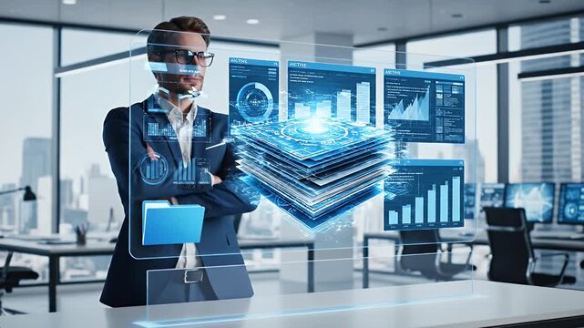 Businessman Interacting with Digital System - A businessman in a suit interacts with a holographic display of digital files and data.