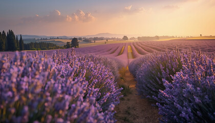 Fototapeta premium Lavender fields stretch across the landscape at sunset