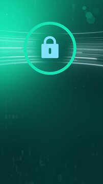 Vertical 4K Cyber Teal Security Background. Mobile Teal Green Lock and Data Transfer Effect for Tech Stories.
