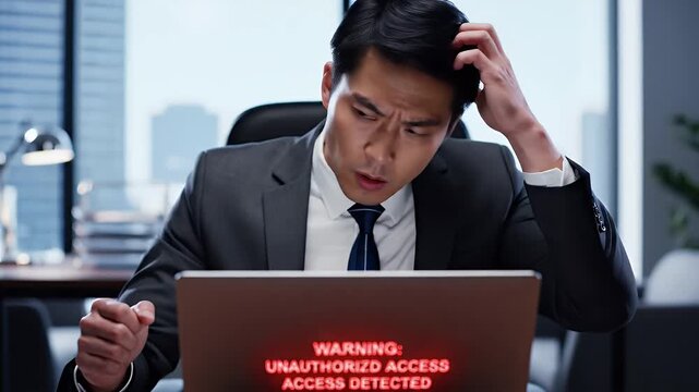 Businessman Faces Security Alert on Laptop - A concerned businessman in a suit stares at his laptop screen, which displays a security warning about unauthorized access detected.
