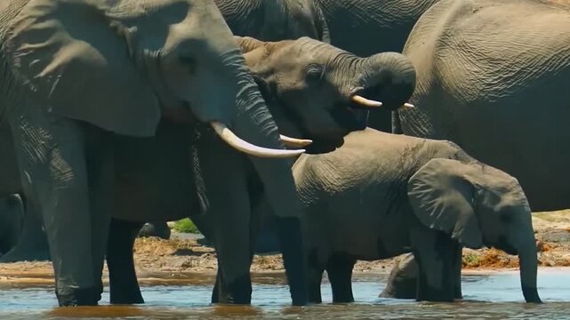 African Animals, Herd of African Elephants Drinking Water at a Riverbank in the Wild