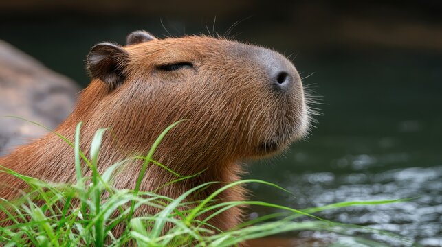 Peaceful Capybara Resting Beside Green Grass and Water in a Serene Outdoor Setting