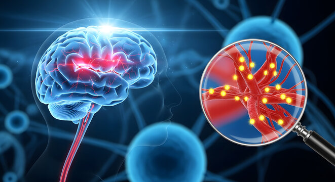 Human brain with highlighted active areas and a magnifying glass examining detailed neural connections