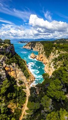 Fototapeta premium Aerial view of rugged coastline with blue waters and cliffs