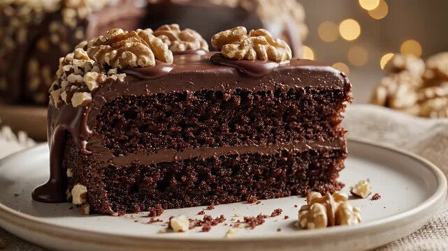 Chocolate Cake Slice with Walnuts - A delicious slice of moist chocolate cake is displayed with a rich chocolate icing and garnished with walnuts.