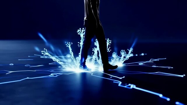 Operator steps activating neural node splash on dark interface floor, electric blue filaments burst outward forming branching circuits and luminous pulses closeup of footstep causing