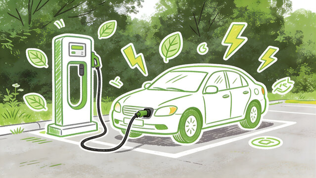 Electric car charging at outdoor station with green leaves and lightning bolts.