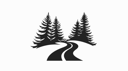 Obraz premium Road through evergreen trees black and white illustration