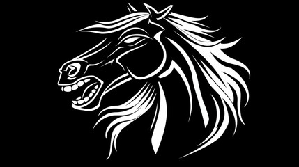 Fototapeta premium Bold black and white illustration of a rearing horse head with aggressive expression