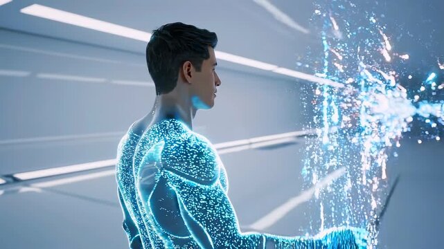 White male interacting with holographic interface in futuristic lab corridor, glowing blue particle suit, operator gesture manipulates streaming data, scientist examines visualization,