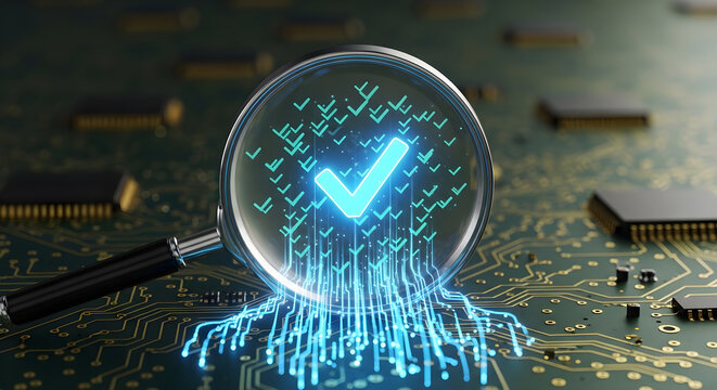 Digital verification and security confirmation with a glowing checkmark inside a magnifying glass over a circuit board