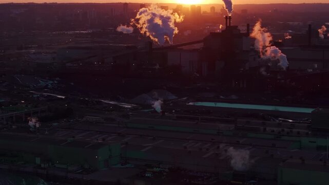 Industrial plant in sunset glow, Hamilton, Canada, dramatic scene