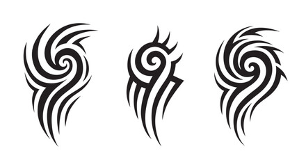 Naklejka premium Abstract tribal patterns swirl in bold black lines. Symmetrical designs echo ancient, spiritual symbols. Each motif radiates power and mystery through flowing curves. Perfect for tattoos, fashion