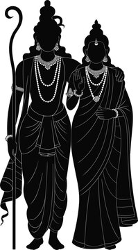 Lord Rama and Goddess Sita silhouette, divine Hindu deity couple for religious festival vector