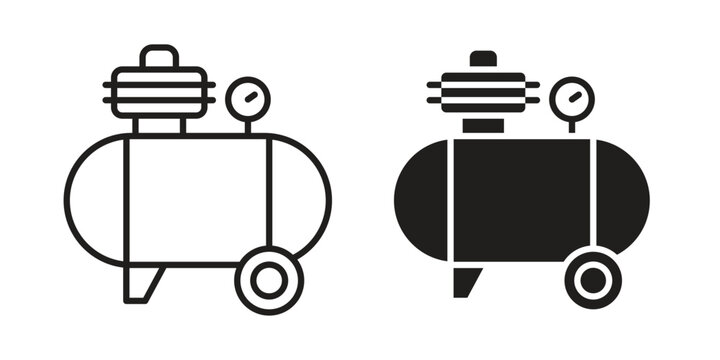 Air compressor icon symbols, Solid black and editable stroke icons