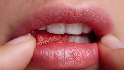 Fototapeta premium Close up of human mouth showing inner lower lip with small bumps, oral health detail, lips and teeth macro, medical or hygiene concept
