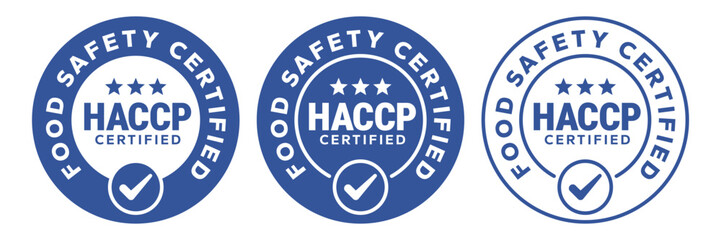 HACCP Hazard Analysis Critical Control Points, Food Safety system, logo, badge, icon, sticker, label, emblem, stamp, symbol, sign, circle, blue, flat vector, isolated illustration. HACCP Certified.