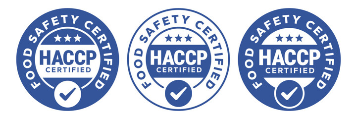 HACCP Hazard Analysis Critical Control Points, Food Safety system, logo, badge, icon, sticker, label, emblem, stamp, symbol, sign, circle, blue, flat vector, isolated illustration. HACCP Certified.