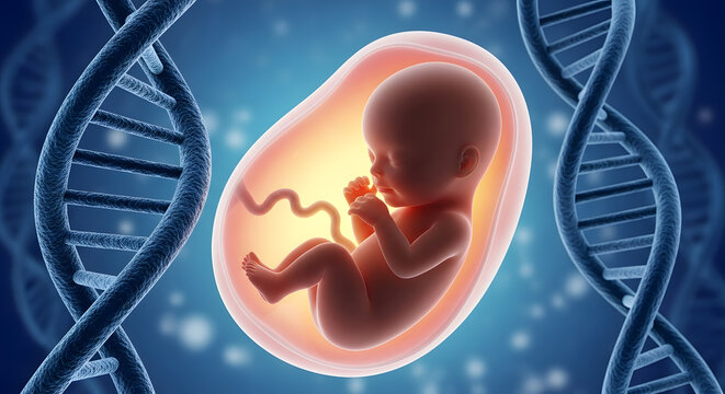 Human fetus developing inside an amniotic sac, surrounded by double helix DNA strands, representing genetic science