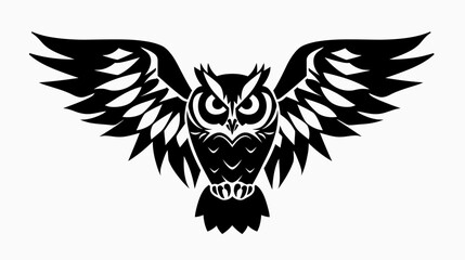 Fototapeta premium Black owl illustration with wings spread wide on white background