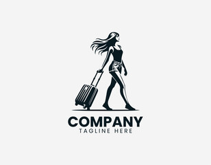 Obraz premium Woman walking with suitcase black vector logo illustration isolated on white background