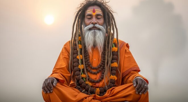 Ambubachi Mela, A meditative Sadhu with long textured dreadlocks (Jata) adorned with rudraksha beads and marigolds