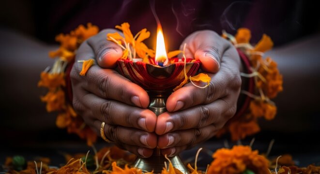 Ambubachi Mela, Close-up of devotee hands holding a glowing brass diya lamp wrapped in red sacred threads, orange marigold petals scattered around