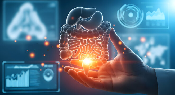 Human hand presenting a glowing 3D rendering of the intricate digestive system with futuristic medical data displays