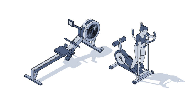 Isometric illustration of a woman exercising on an elliptical machine next to a rowing machine.