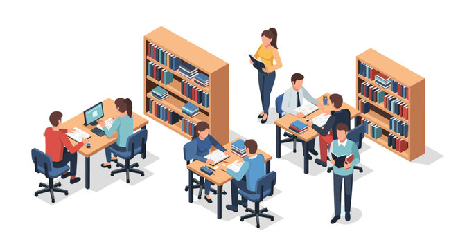 Isometric illustration of students and people studying and working in a library or office setting.