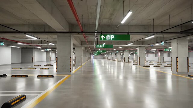 Empty Indoor Parking Garage with Bright Lighting - This is a shot of a modern, spacious, and empty indoor parking garage.