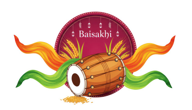 Colorful Baisakhi festival illustration with dhol drum, ribbon swirls in saffron white green, sunburst and decorative mandala ornament isolated PNG with Transparent Background