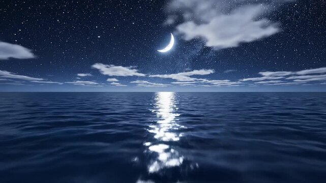 Night sky with crescent moon over ocean